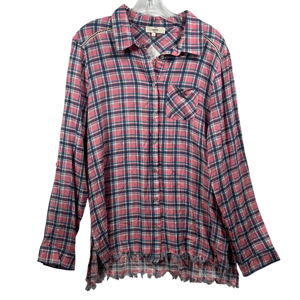 Entro Pink Navy Plaid Button Down Shirt Crochet Lace Frayed Hem T6382 Large